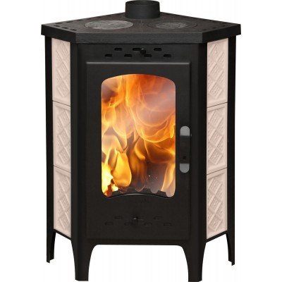 Печь ЭкоКамин  Бавария Изразец бежевый,угловая с чугунной плитой