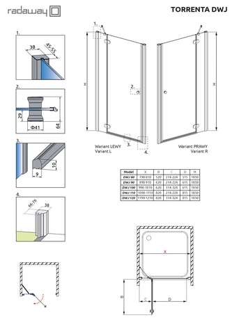 Душевое ограждение Radaway    Torrenta DWJ 90/L 900*1850 31900-01-10N