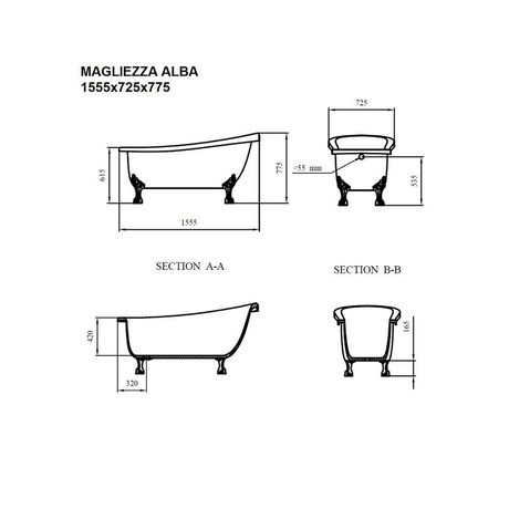 Ванна  MAGLIEZZA ALBA 155×72 ножки золото